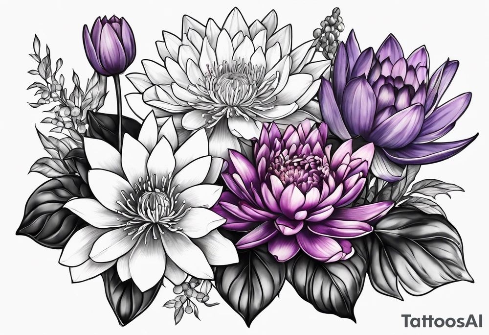 bouquet with violet, water lily, holly, carnation and chrysanthemum tattoo idea