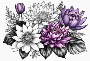 bouquet with violet, water lily, holly, carnation and chrysanthemum tattoo idea
