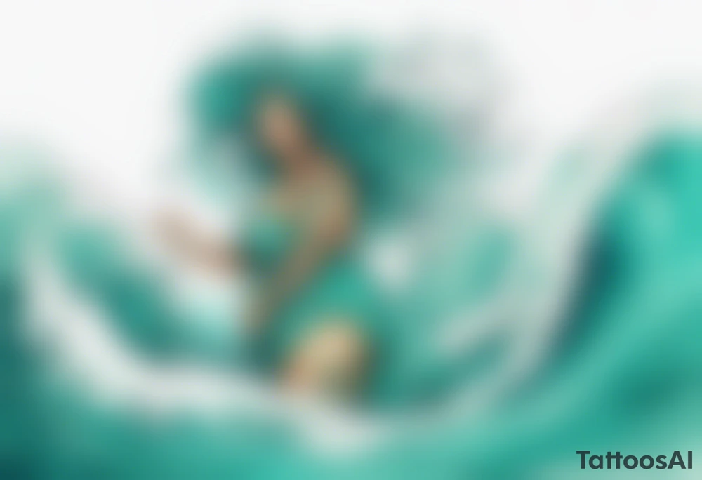 a beautiful chubby turquoise serpent woman emerging from an ocean wave, crashing onto the shore tattoo idea