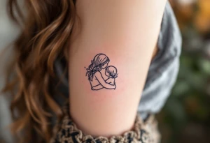 A fine-line tattoo of a mother and daughter embracing, filled with soft lavender and blush tones. tattoo idea