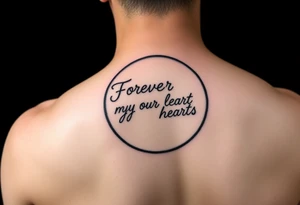 Big half moon with writing inside saying Forever in our hearts  with stars 
RIP 
ANTHONY LAMONT DEAL tattoo idea