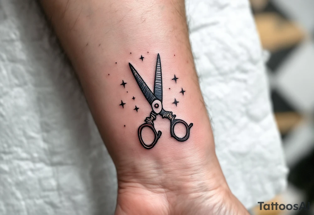 Sailor Scissors Tattoo – Scissors styled in a traditional sailor tattoo design with bold black lines and a touch of red or blue to make it pop, featuring waves and stars around them for a nautical theme. tattoo idea
