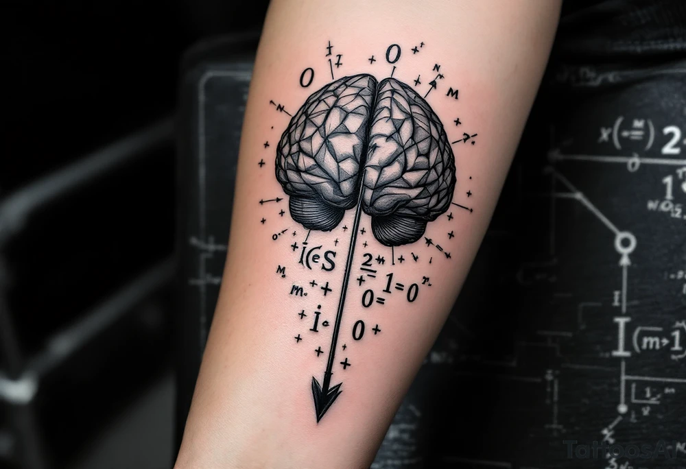 A front-seen brain in geometric and straight lines, math symbols arround. A detailed arrow crossing from below, with its tip desintegrating to represent to represent entropy. Around of the main tattoo, math and physics formulas fill the space, including the formula "ΔS ≥ 0" and the formula "(iδ + m) Φ = 0" tattoo idea