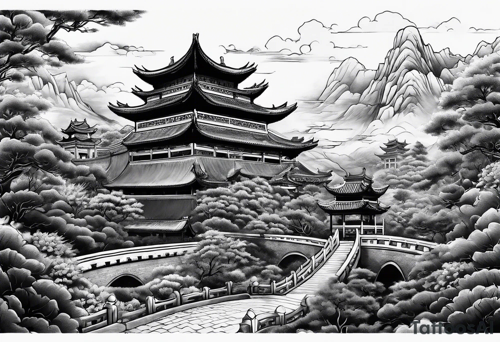 Chinese wall, realistic,chinese art, sky tattoo idea