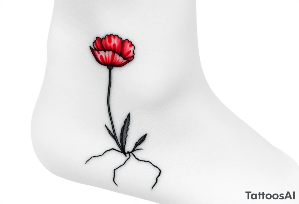 One line only drawing, artsy style, poppy growing up from cracks in pavement, red watercolor airbrush on poppy only, back of ankle/heel or back of upper arm, more artistic rendering of cracks, very minimal/simplistic design tattoo idea