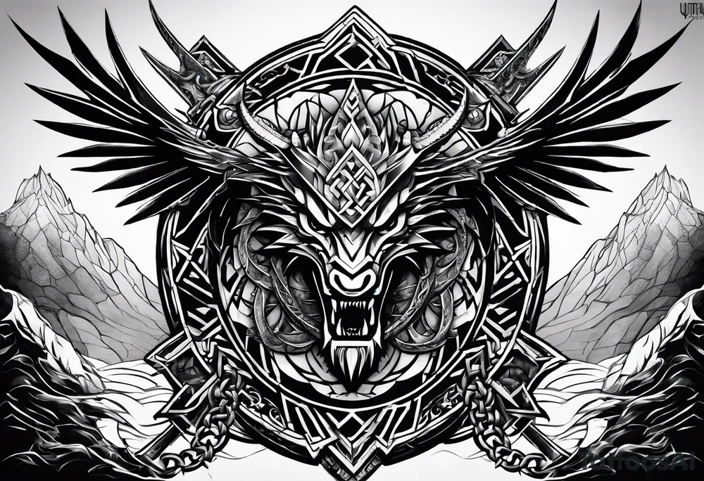Valhalla sword shield dragon axe Valknut barbed wire chains tribal tattoo idea Valhalla sword shield dragon axe Valknut barbed wire chains tribal tattoo idea