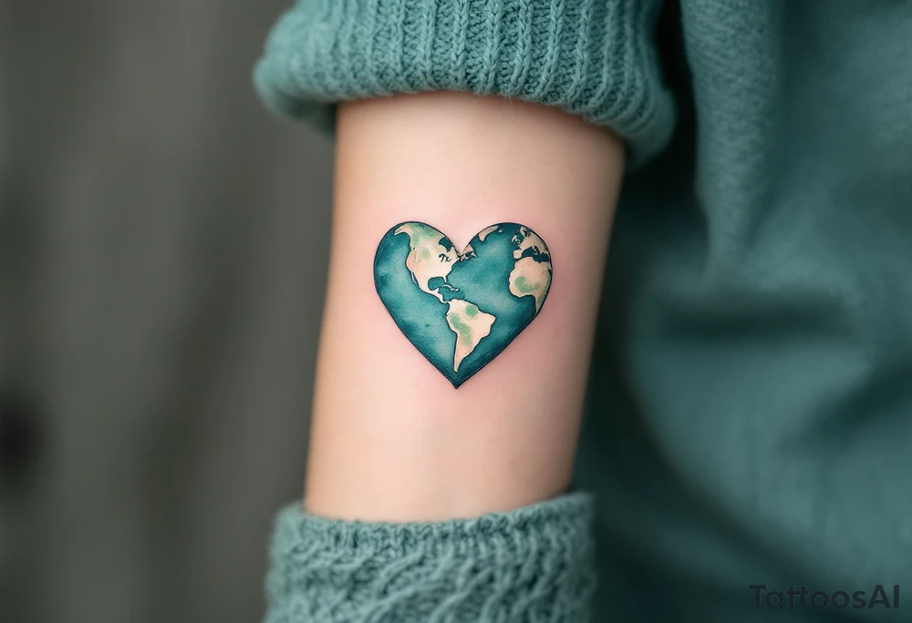 A heart-shaped Earth tattoo in pastel teal and moss green symbolizes love for the planet. tattoo idea