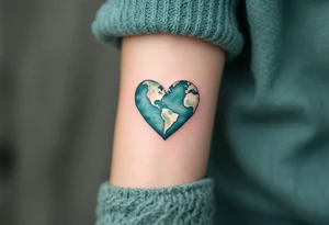 A heart-shaped Earth tattoo in pastel teal and moss green symbolizes love for the planet. tattoo idea