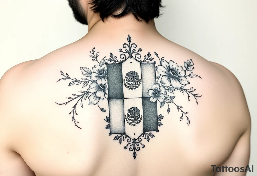 Small, feminine tattoo for placement on my clavical or lower back that reflects new life journey, delicate florals, ornaments and vines. Include Mexican flag and images of Mexican flowers. Style as four tile layout. tattoo idea