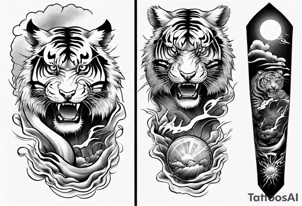 Tiger sleeve tattoo with lightning and the sun
Forearm sleeve tattoo idea