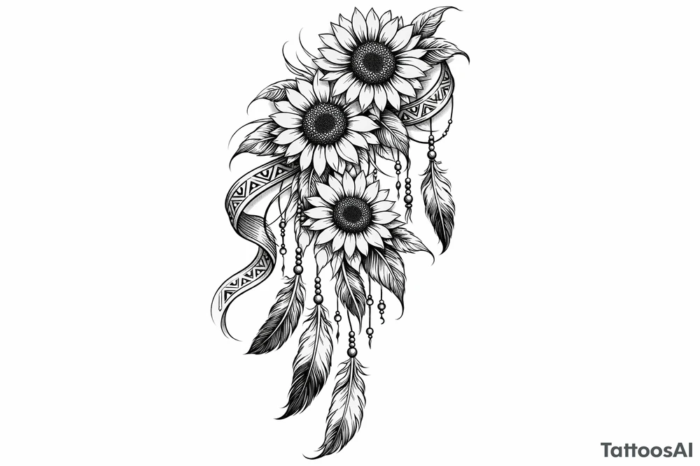 Cascading Sunflowers with Indian feathers and Indian ribbon tattoo idea