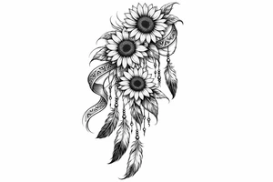 Cascading Sunflowers with Indian feathers and Indian ribbon tattoo idea