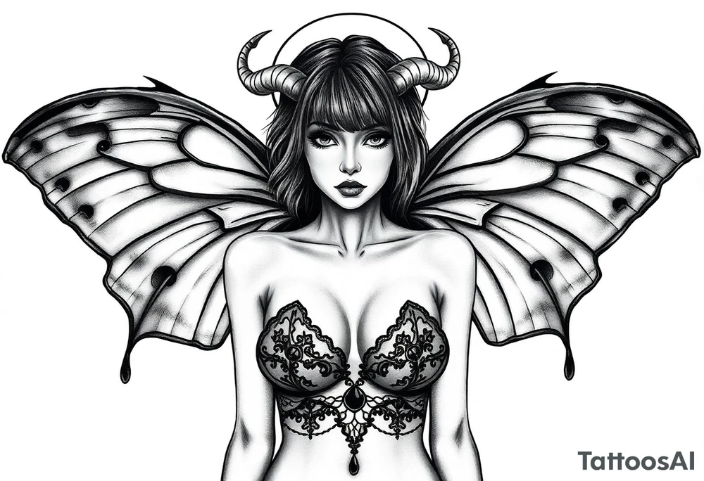 A powerful extremely sexy depiction of a start date with angel wings resembling that of a lunar moth and horns resembling the moths antennas with the son of of her head as if a Halo with two crescent men's off to each side full frontal nude with exotic see through lingerie with a sensual enticing glare short hair length of approximately 8 inches realistic tattoo idea