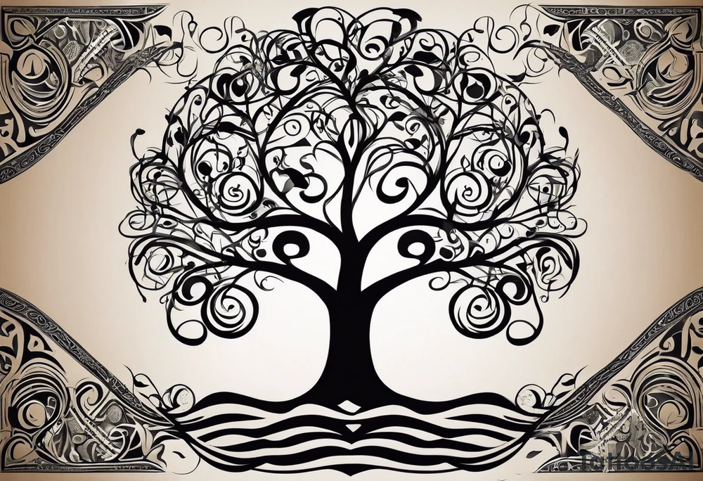 A tattoo design that incorporates the following elements: an abstract tree of life that has roots emerging  from the ground. Waves of water wrap around the tree in a non symmetrical design.  Incorporate musical notes into the tree. the letters U and A are overlapping and engraved into the tree. A golf flag incorporated but not prominent tattoo idea