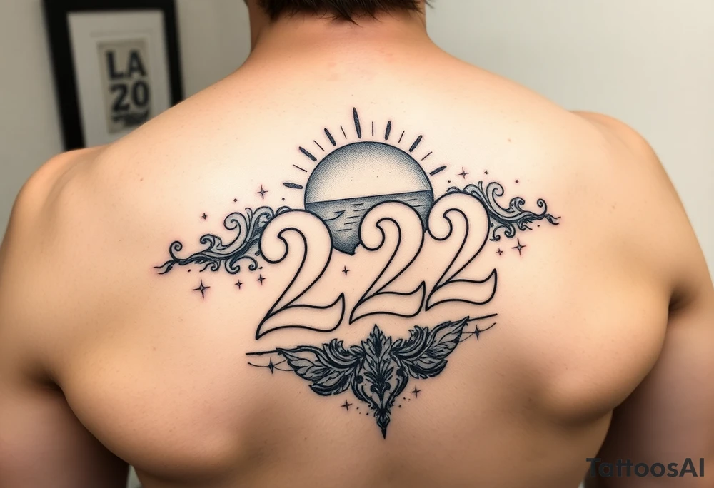 Bold 222 surrounded with sunset and love and stardust and vibration tattoo idea