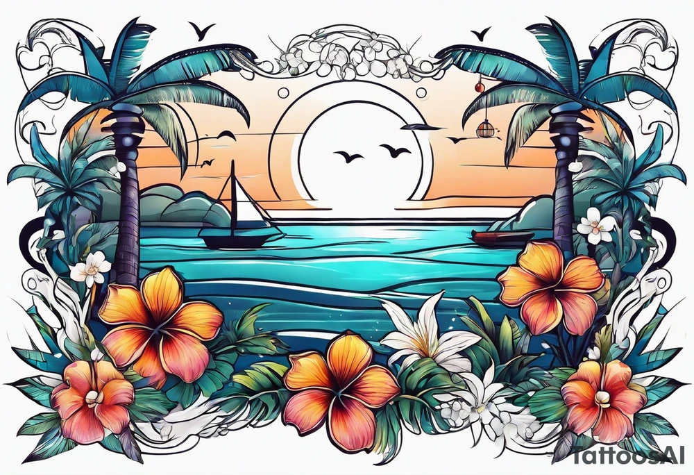 sea,, night, flower, palm, tattoo idea