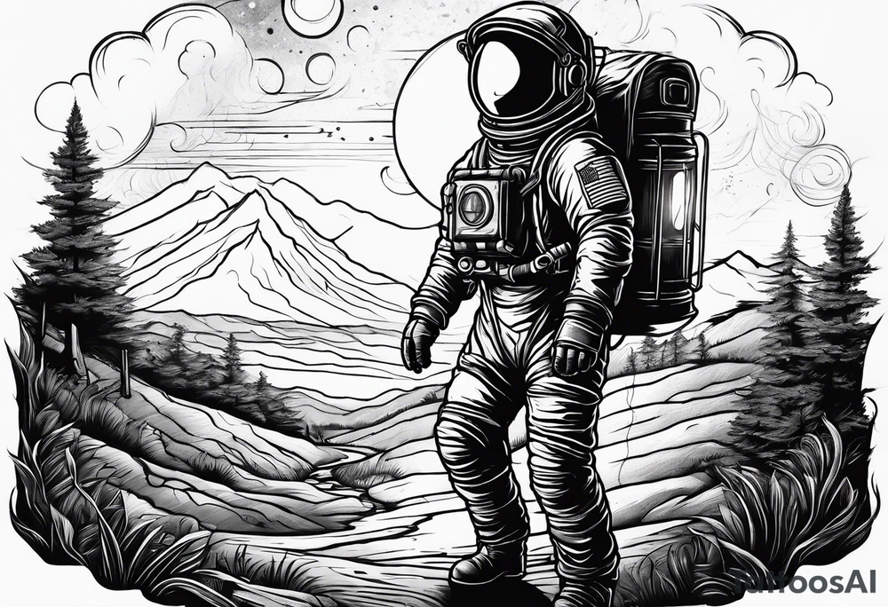 An astronaut using a lantern to walk through beautiful landscape in the dark tattoo idea