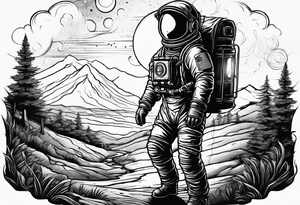 An astronaut using a lantern to walk through beautiful landscape in the dark tattoo idea