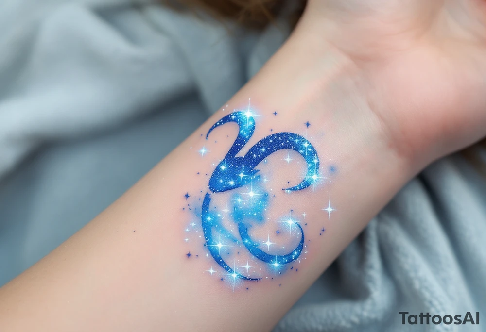 An ethereal Aries tattoo uses dots of light-blue and white to form the constellation in a dreamy galaxy swirl. tattoo idea