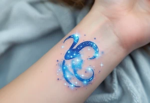 An ethereal Aries tattoo uses dots of light-blue and white to form the constellation in a dreamy galaxy swirl. tattoo idea