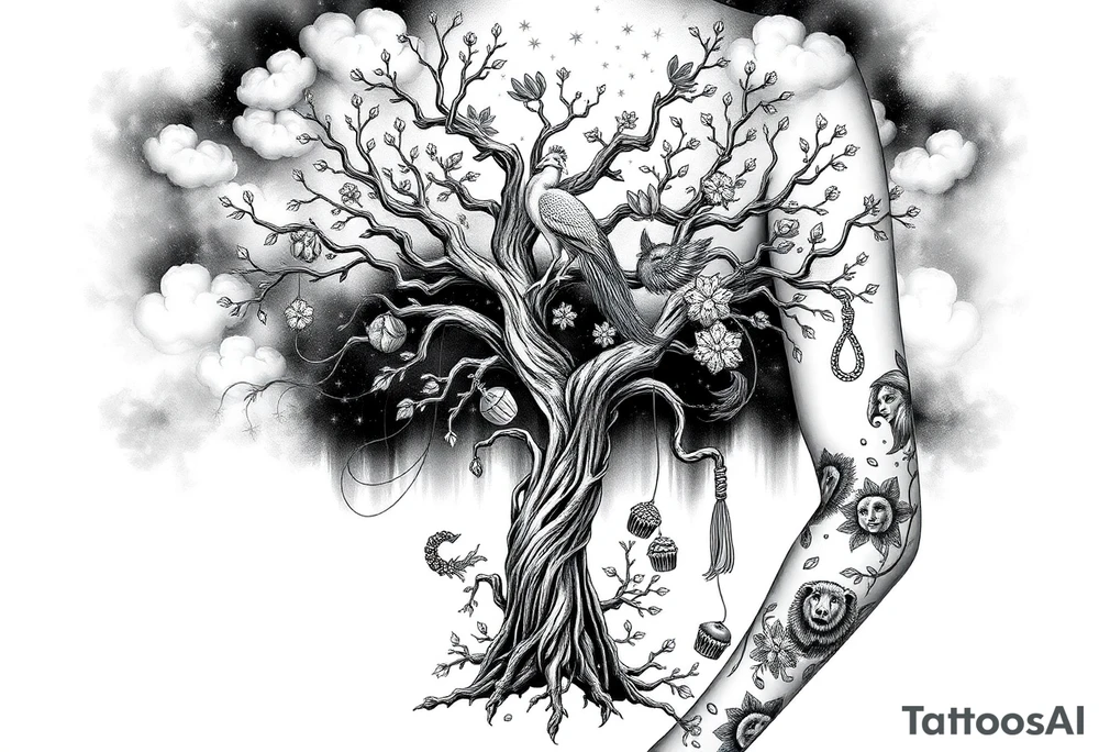 mystical tree  with cosmic  branches fat naked sexy woman , peacock , pig , cupcakes, liquor, cigerette, Storm clouds, pig, peacock , fat sexy naked fat woman, cupcakes, noose , money, goat lion, couple having sex, cigerette storm lightening, killing, darkness death, violent majestic creatures and fat naked girl tattoo idea