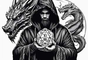 Hooded figure holding a D20 surrounded by a dragon tattoo idea