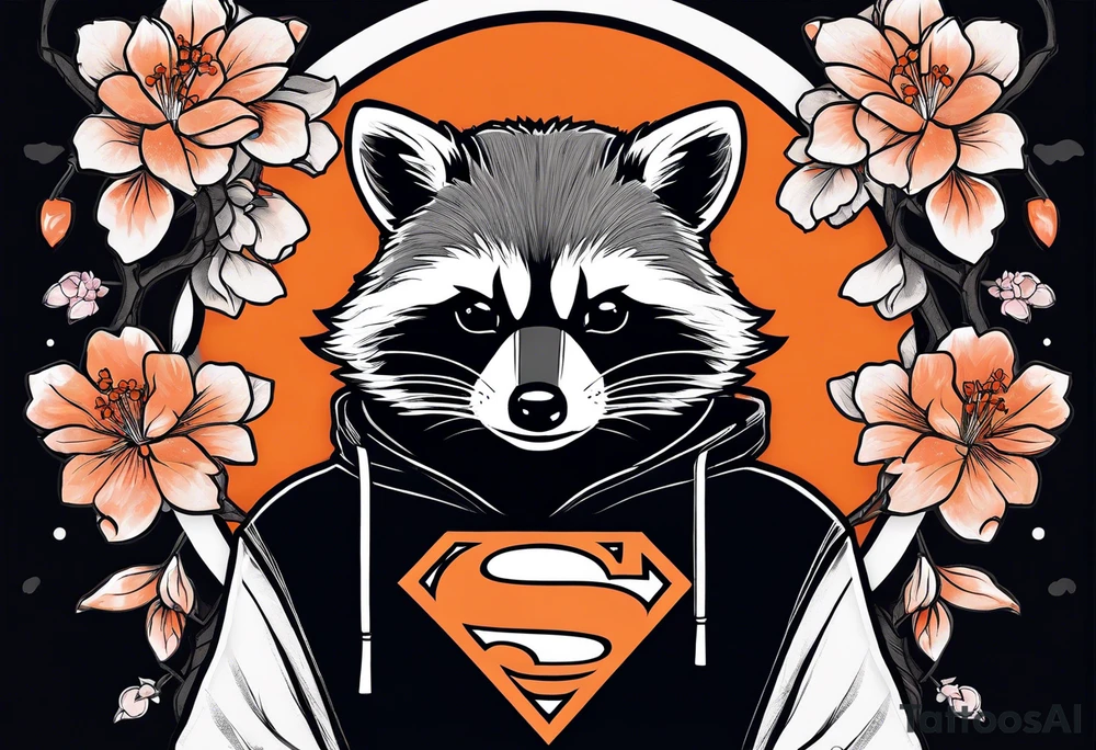 Raccoon wearing a white Superman logo on a black hoodie and orange Japanese cherry blossoms beside tattoo idea