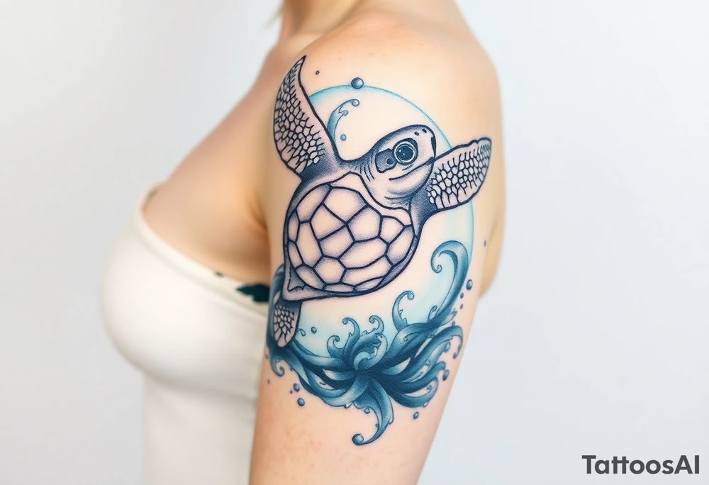 Baby sea turtle with ocean scene tattoo idea