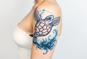 Baby sea turtle with ocean scene tattoo idea