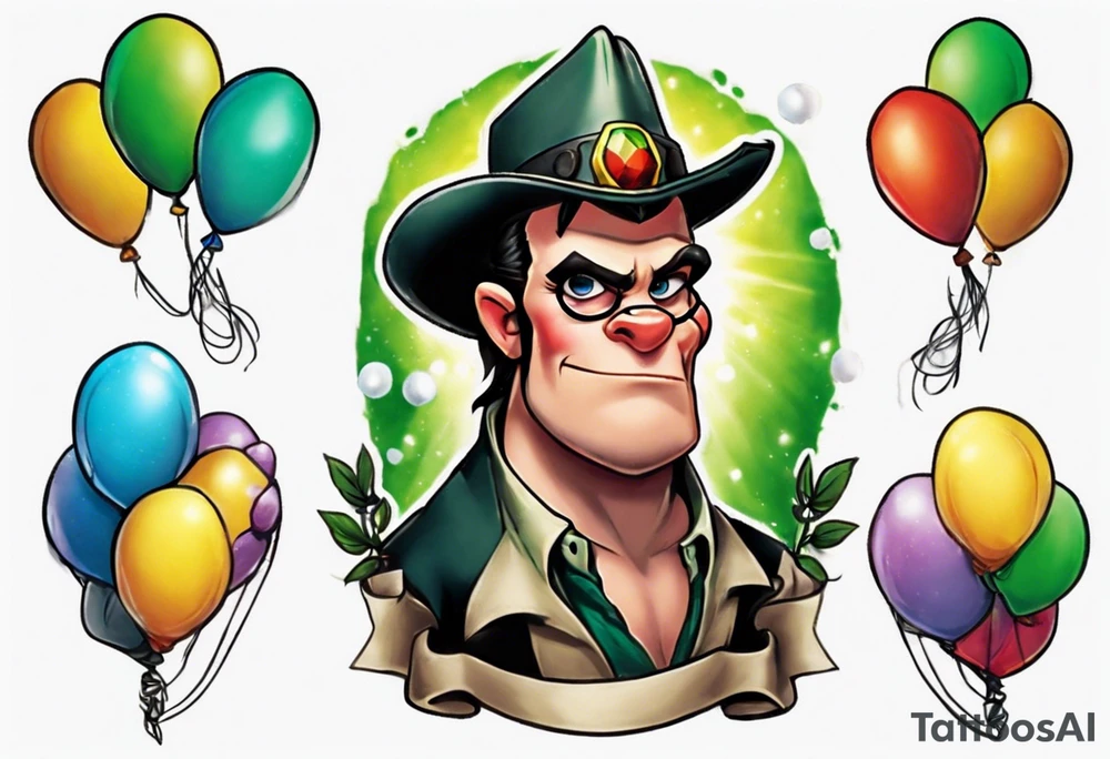 piton with colored ballons from movie up! aside and a green gem on the other side tattoo idea