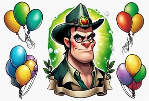 piton with colored ballons from movie up! aside and a green gem on the other side tattoo idea