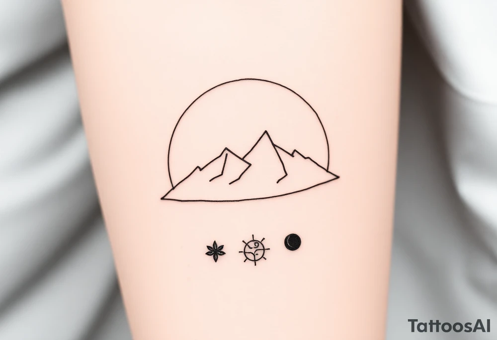 Ik zou graag een fine line tattoo willen ontwikkelen. een Minimalistisch ontwerp waarbij de 'mountains with two kids' een familievoorstelling zijn. ik wil daar graag een cirkel omheen plaatsen (van oneindig bij elkaar zijn). Onder dit geheel wil ik graag 4 kleine betekenisvolle doch kleine symbolen (ook minimalistisch, met bewustzijn (lotusbloem), persoonlijke groei (boom), dankbaarheid (soort spiraal), en balans (ying - yang). Dat geheel wil ik op mijn onderarm en mijn vriendin op haar pols. Kun je mij helpen? tattoo idea