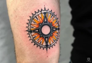 A cyclist’s chainring with the outer edges resembling a sunburst, using orange and yellow hues to create a radiant effect that captures the energy of a rider. tattoo idea