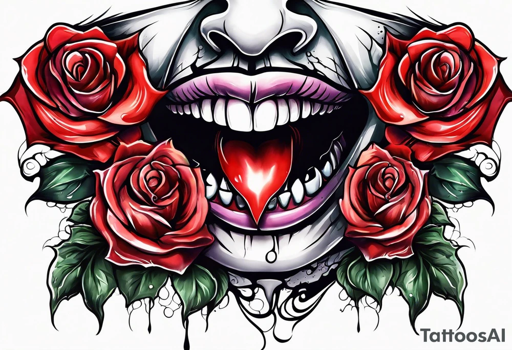 Sexy vampire mouth biting rose tattoo idea