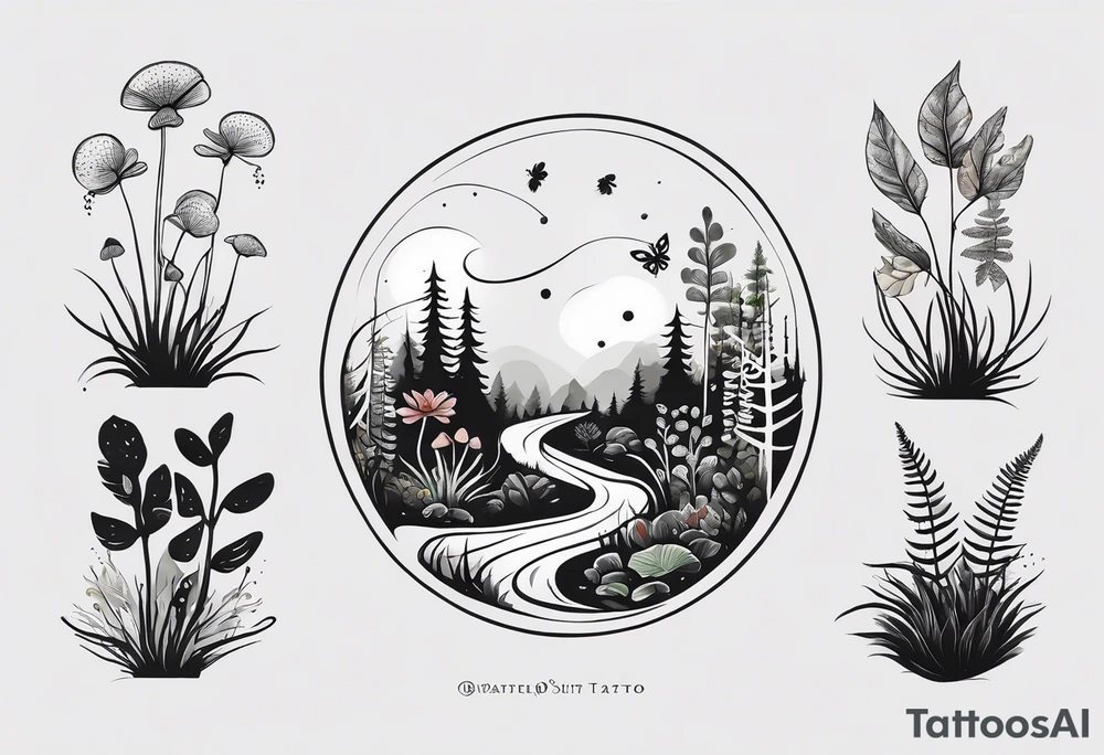 forest floor inspired minimalist tattoo, which includes grass, curly ferns, moss and dead leaves as the bulk of the tattoo. details to include: three very tiny strawberries, a tiny bumblebee flying nearby, three small brown mushrooms
Generate a vertically long one tattoo idea