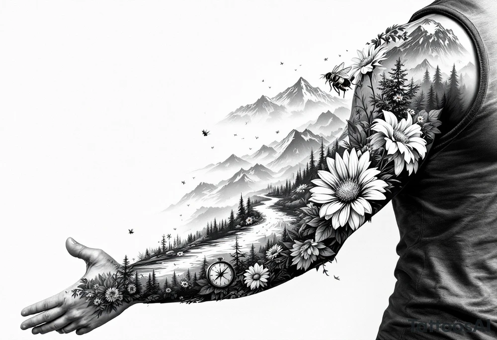 full arm black and white tattoo realistic nature landscape majestic river flowing down bright mountains trees, daisies, chrysanthemums a real bee on one flower a large compass on the forearm river flowing from top shoulder to bottom tattoo idea