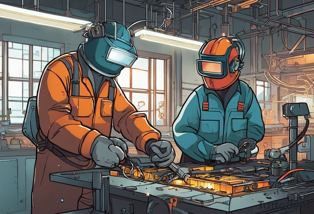 Two 60-year-old characters working together on creating a big mechanism made of iron, gems and electronic circuits. The first character is a welder, dressed in a welding suit and mask. The second character is a fitter, wearing a shirt with sleeves rolled up to the forearms and a tool belt. has no hat. The mechanism they are working on should be in the center of the drawing, should look like a human heart and to be 1\5 of the whole immage.  Characters positioned on either side of the mechanism. tattoo idea