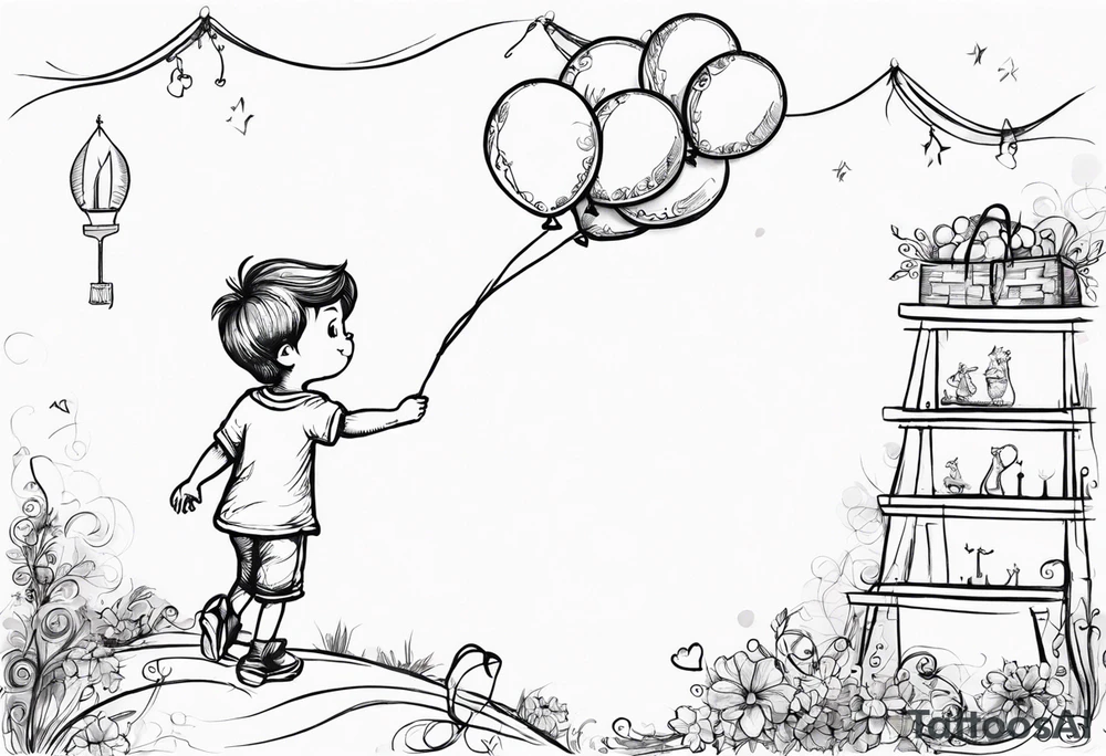 tatoo in sketch style only.
A little boy is holding a string to the hearth shaped small party baloon.
boy should be drawed from behind and has one hand reaching up in 45 degree angle and holding the baloon string
On the string is a wave which look like a hearbeat pulse.
draw it without any scenery, without any background. Just a boy 
Add heartbeat pulse on the string tattoo idea