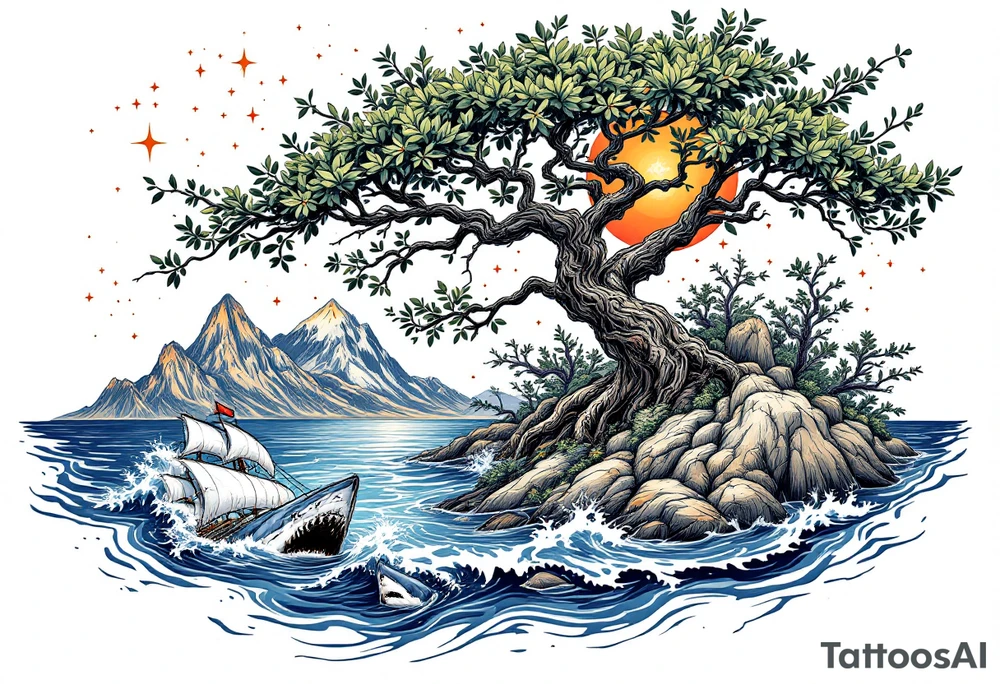 tattoo that has an acacia tree with mountains, ocean with a ship wreck with sharks and the northern star tattoo idea