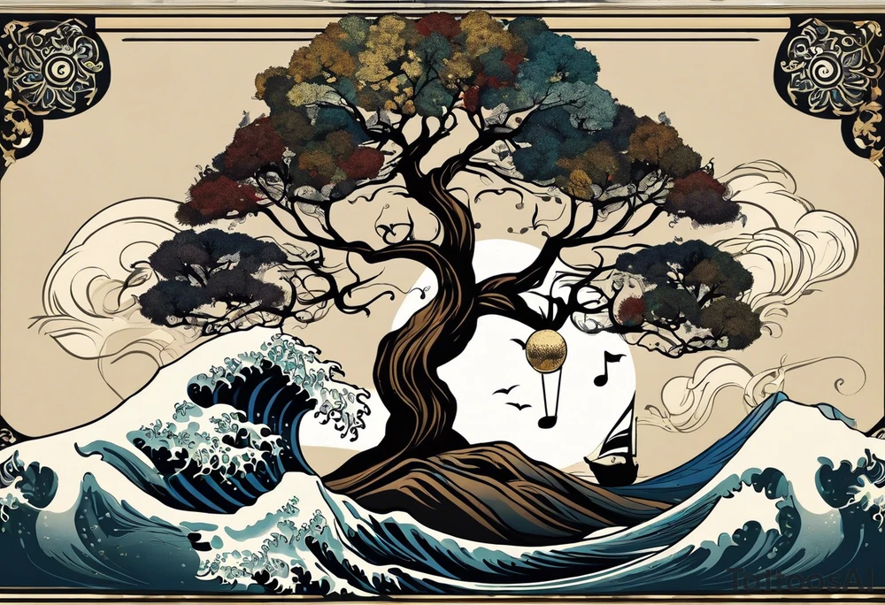 an abstract Tree of Life tattoo. It should have roots growing out of the bottom. The roots slowly turn into water from the Great Wave by Hokusai. A golf flag should be placed discreetly growing out of the ground. 2 license plate tags should be hanging from the tree. Place a few music notes in the areas the leaves should be. The letters A U should be engraving into the tree trunk in a heart. Black and white only. tattoo idea