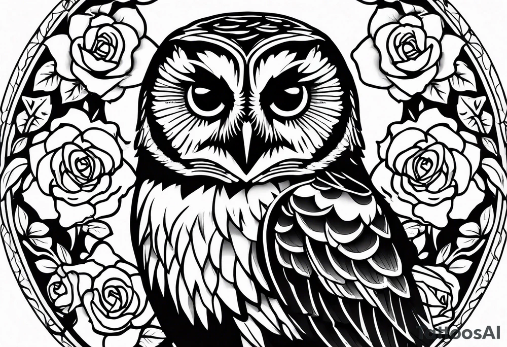 Barred owl and roses tattoo idea