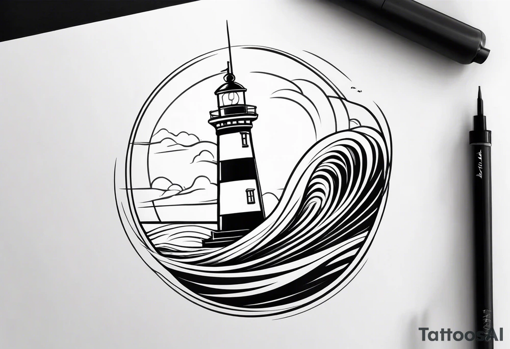 Lighthouse in draw with waves tattoo idea