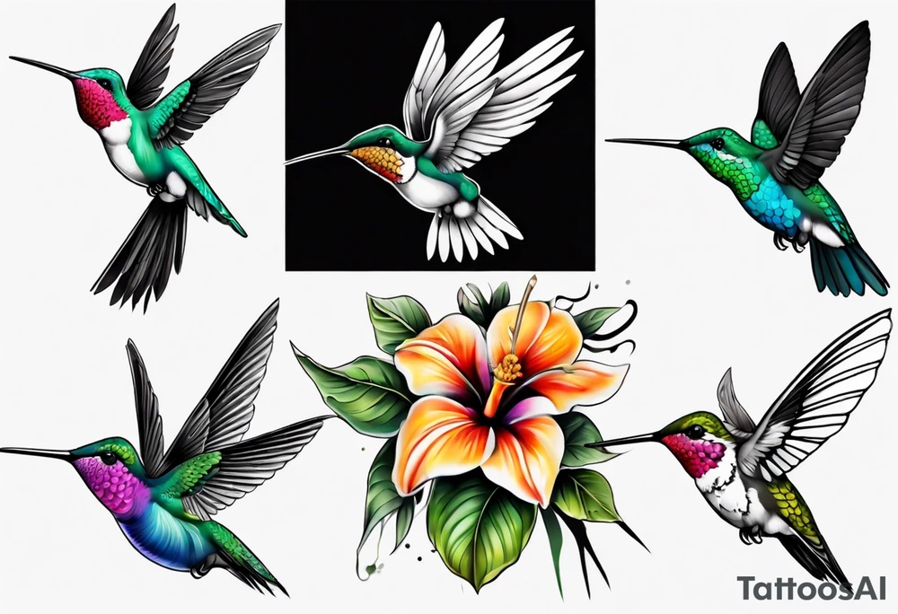 Hummingbird in color with black and white background tattoo idea