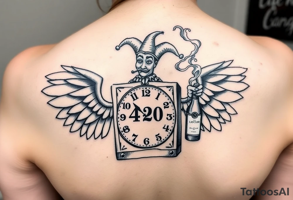 jack in the box tattoo with
the box as a clock with the time 420
two open wings besides the clock
smoke as the spring rising from the clock
a jester clown coming out the smoke
smoking in one hand with a liquor bottle on the other hand tattoo idea