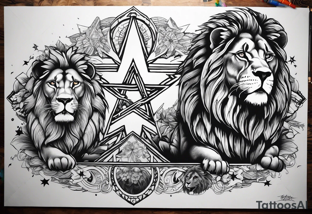 One roaring lion, next to it a roaring lioness, below them 3 roaring lion cubs and around a Star of David tattoo idea