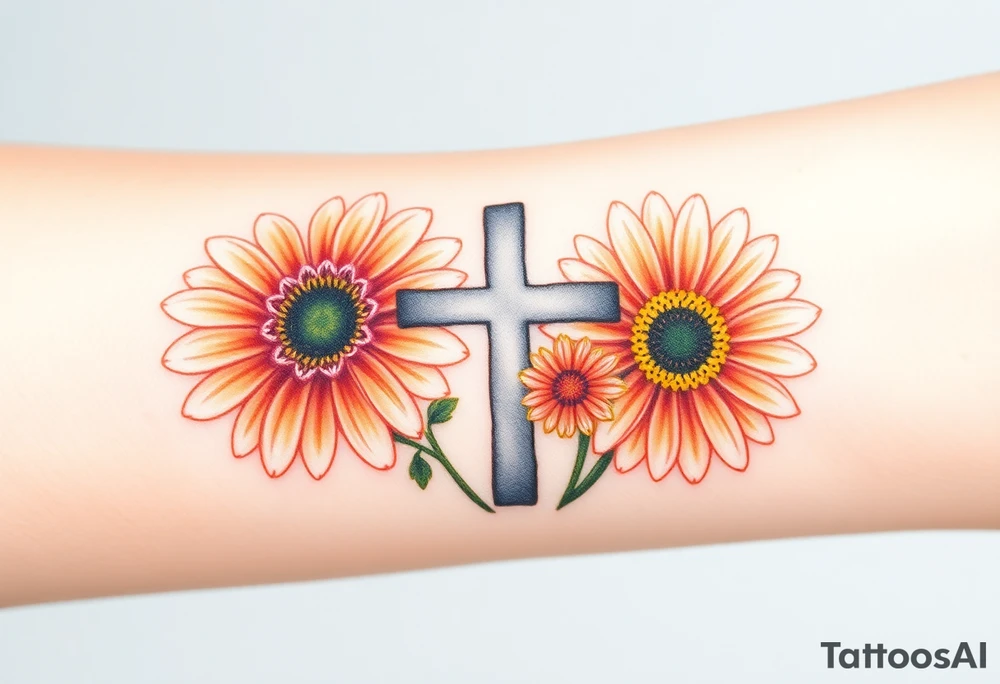 Gerber daisys behind negative space cross for forearm - more flowers under cross tattoo idea