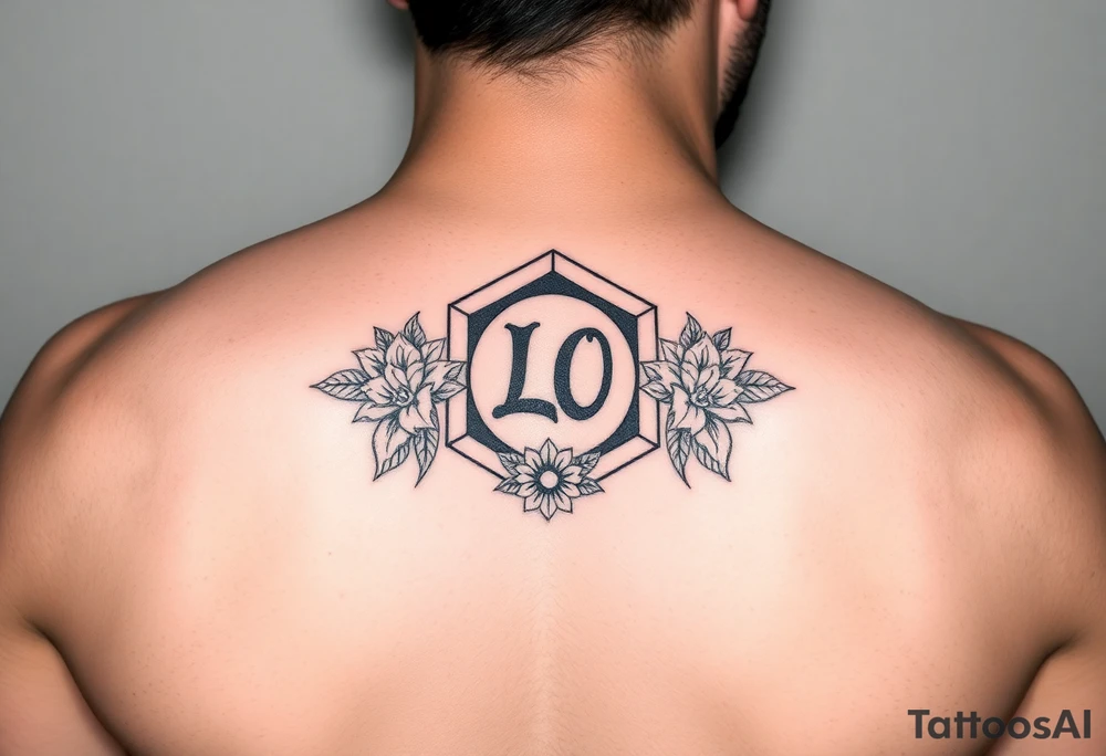 Dashed line hexagon with Leo symbol in center and flowers tattoo idea