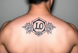 Dashed line hexagon with Leo symbol in center and flowers tattoo idea