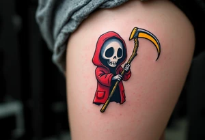 A cartoon-style Grim Reaper in a bright red hoodie holding a yellow scythe. tattoo idea
