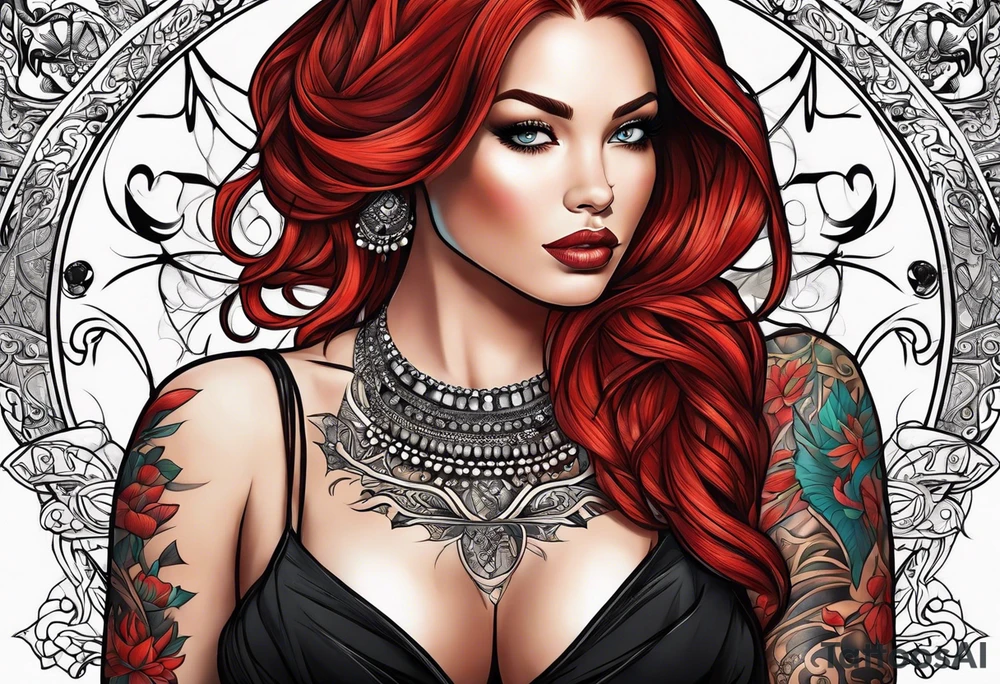 Busty red hair woman with bearded man black hair tattoo idea